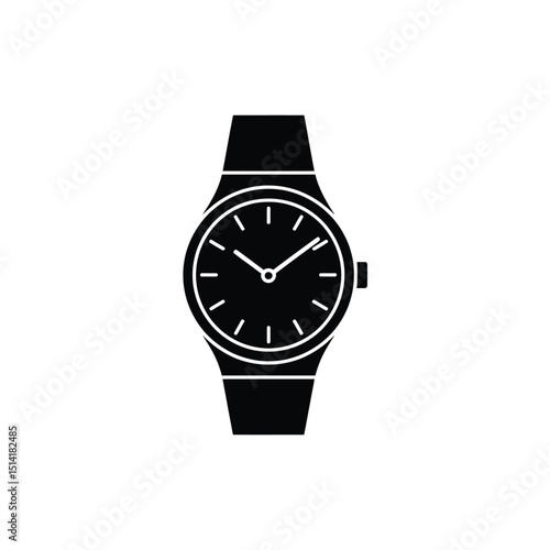 Analog Wristwatch Isolated on Transparent Background in Black Silhouette Style