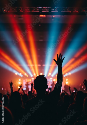 Photo Crowd Raise Hands Music Concert Blue and Red Stage Lights