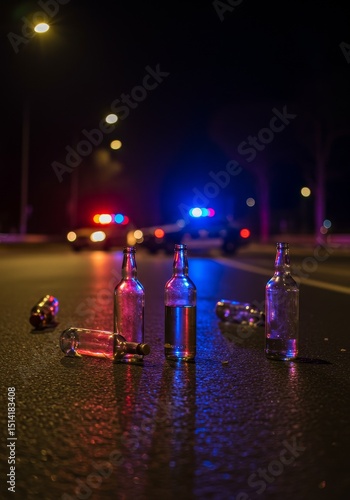 Photo Drunk Driving Crime Accident with Alcohol Bottles Police at Night