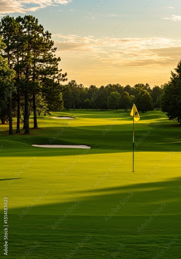 Obraz premium Photo Golf Course Green Grass Field Flag Sunny Evening Landscape