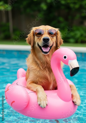 Photo Golden Retriever with Sunglasses on Flamingo Float Summer