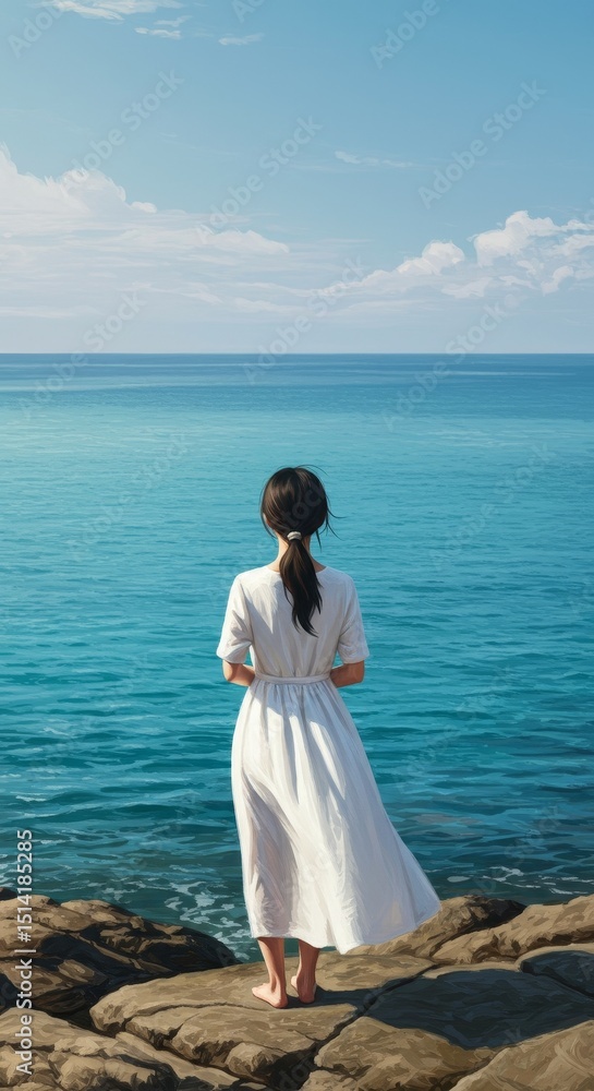 Photo of Woman In White Dress Looking At Ocean View Vacation Photo of Woman In White Dress Looking At Ocean View Vacation