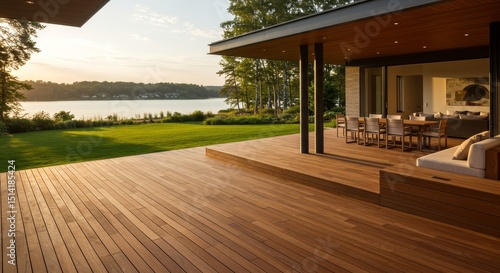 Photo of Modern Home Exterior with Wooden Deck and Sunset Water View