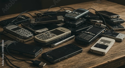 Pile of Old Mobile Phones on Wooden Table Vintage Cell Technology