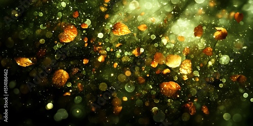 Mystical Forest Scene with Falling Leaves and Glowing Light Particles