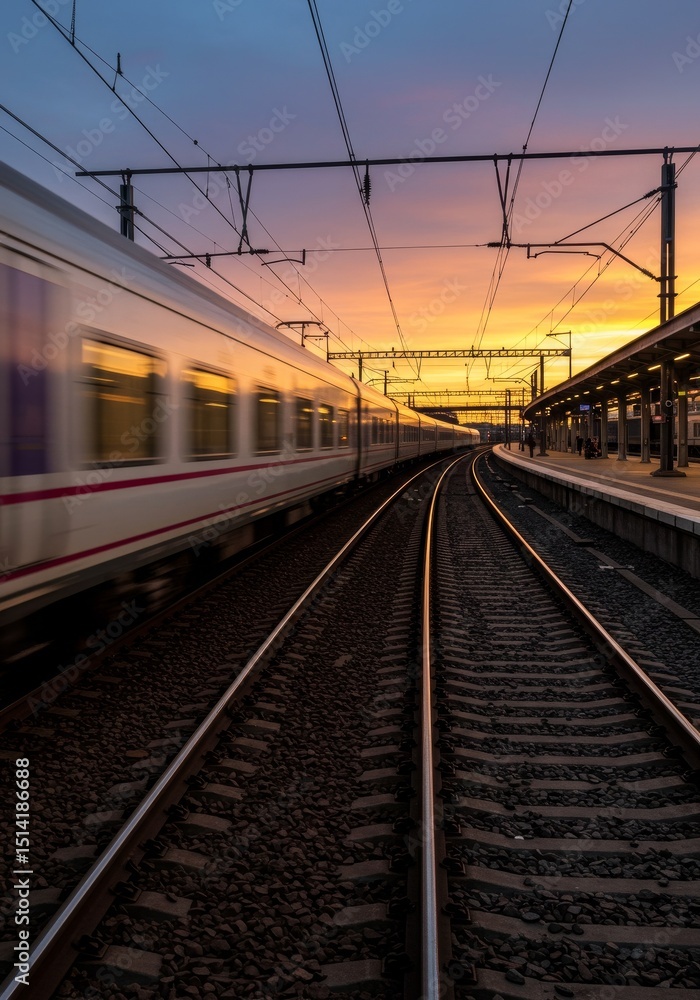 Fototapeta premium Motion Blur Photo Train on Tracks at Sunset Golden Hour