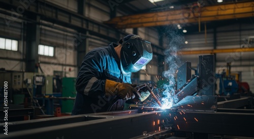 Photo Welder Working with Metal Sparks in Factory Blue Light