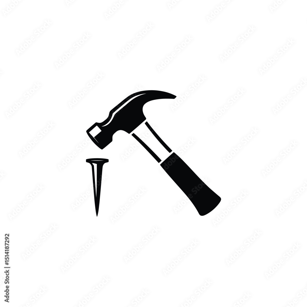 Black Hammer Striking Nail on Transparent Background Minimalist Tool Icon Black Hammer Striking Nail on Transparent Background Minimalist Tool Icon