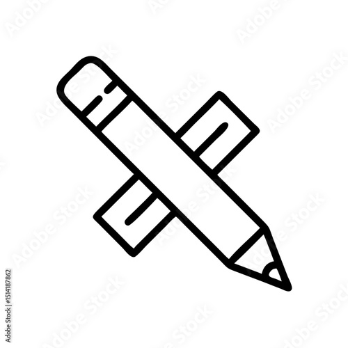 Pencil and ruler crossed on a white background in line art style  