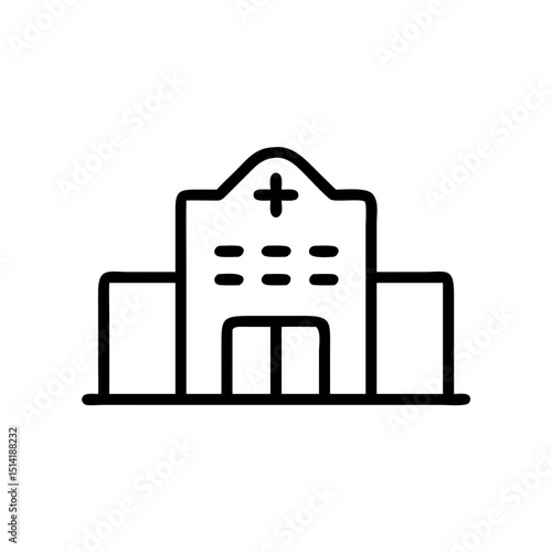 Line art illustration of a hospital building with cross symbol  