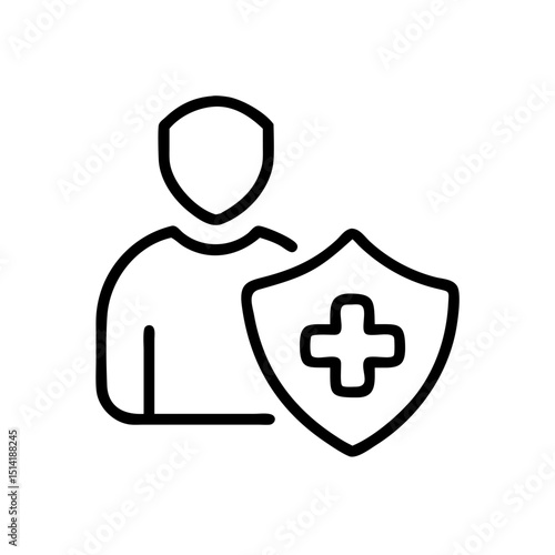 Line art of a person holding a health insurance shield symbol  