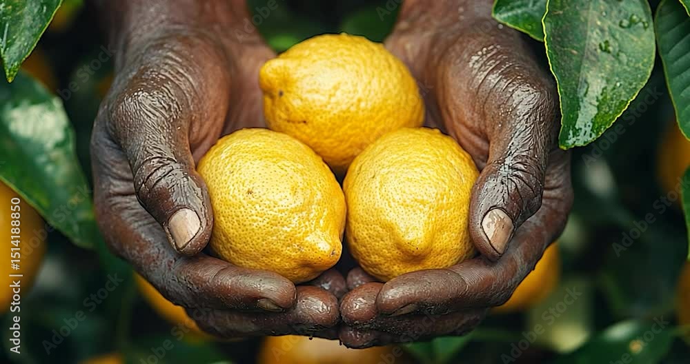Close-up shot of hands holding lemons with green leaves background with a blurred effect, lemon tree outdoor shot, bright light and vibrant colors