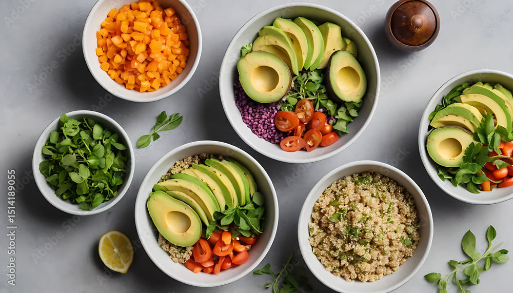 Flat Lay of Vibrant Plant-Based Meal Bowls Featuring Avocado, Quinoa, Tomatoes, and Leafy Greens – Perfect for Nutrition Blogs, Vegan Recipe Sites, or Cooking Magazines Flat Lay of Vibrant Plant-Based Meal Bowls Featuring Avocado, Quinoa, Tomatoes, and Leafy Greens – Perfect for Nutrition Blogs, Vegan Recipe Sites, or Cooking Magazines