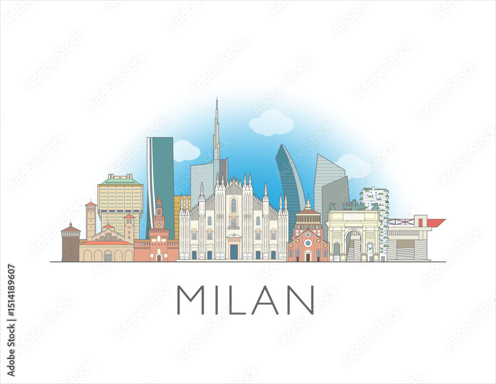 Fototapeta premium Milan, Italy cityscape illustration skyline drawing in colour