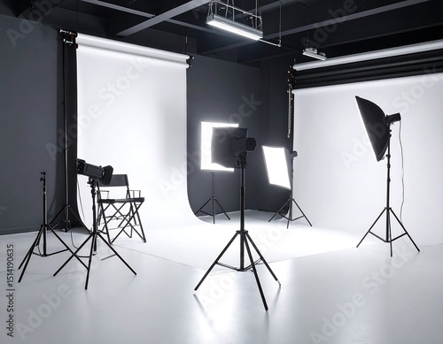 Empty photography studio with lighting equipment