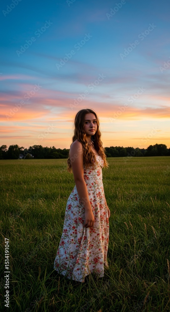 Portrait of Woman in Floral Dress Enjoying Sunset Field Scenery Portrait of Woman in Floral Dress Enjoying Sunset Field Scenery