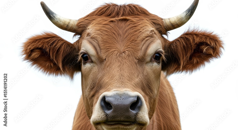 Naklejka premium Portrait of Brown Cow With Horn Isolated on White Background
