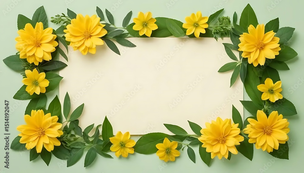 Delicate Yellow Floral Frame with Fresh Green Leaves and Soft Background Delicate Yellow Floral Frame with Fresh Green Leaves and Soft Background