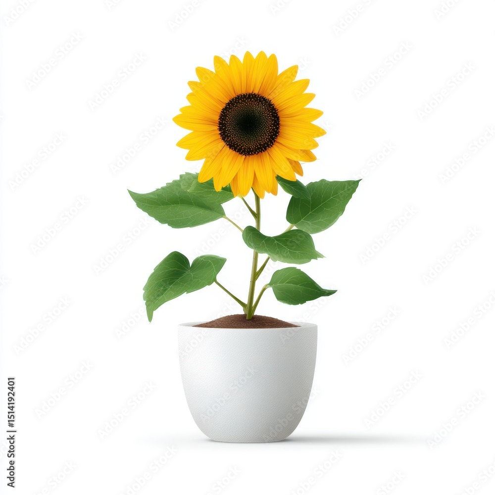 Obraz premium Minimalist vector illustration of a sunflower in a white pot, clean white background, flat design