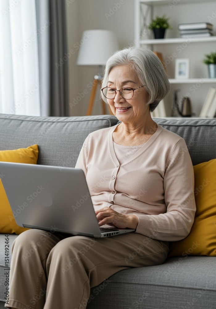 Photo Senior Asian Woman Uses Laptop on Couch in Bright Home Photo Senior Asian Woman Uses Laptop on Couch in Bright Home
