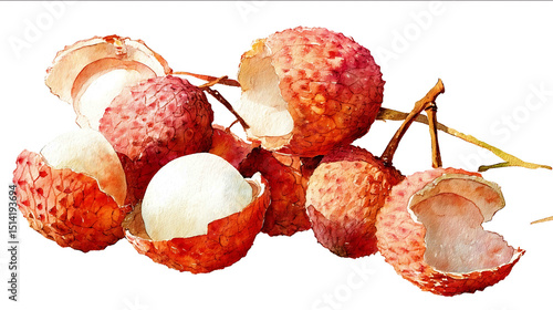 watercolor style of organic lychee peeled