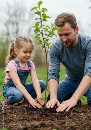 Realistic Image of Happy Dad Planting a Tree with His Daughter