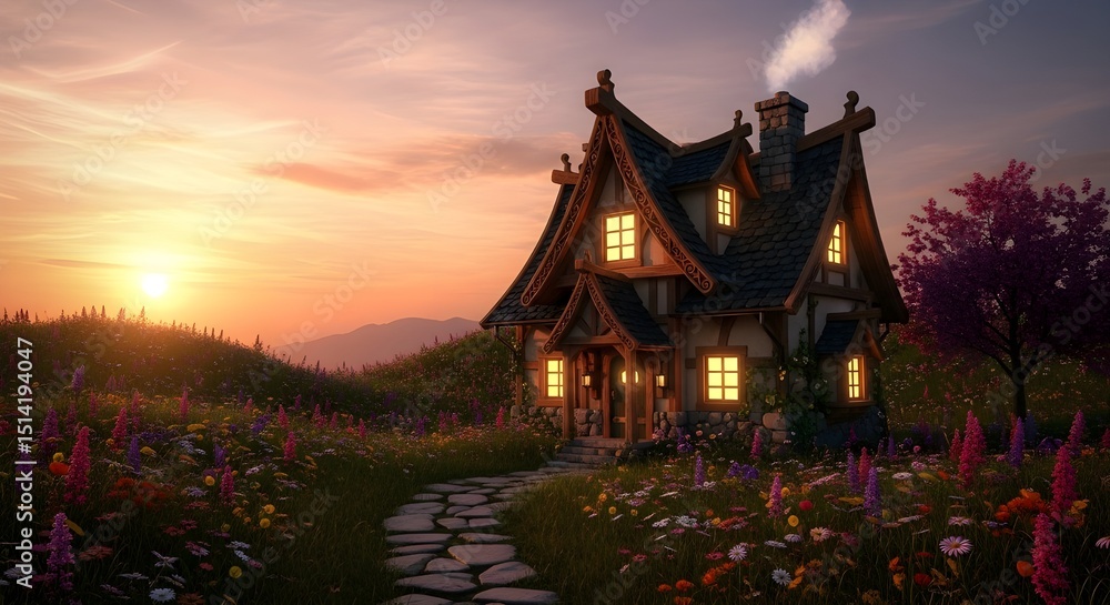 Fototapeta premium Magical 3D Cottage Surrounded by Wildflowers at Dusk