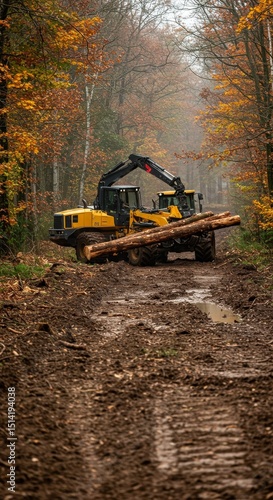 Realistic Image of Logging Machine in Autumn Forest Cutting Timber