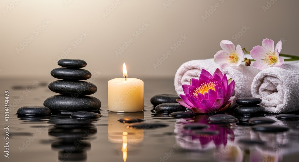Realistic Image of Spa Still Life with Stones Candle and Pink Flower Realistic Image of Spa Still Life with Stones Candle and Pink Flower