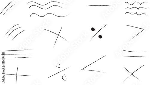 Collection of HandDrawn Lines, Curves, and Mathematical Symbols on a White Background