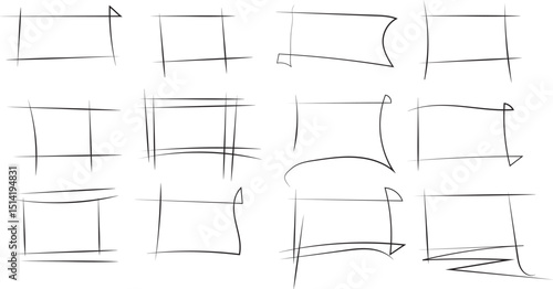 Collection of HandDrawn Square Frames and Rectangular Boxes Sketch, Black Lines on White Background