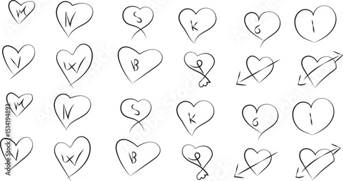 HandDrawn Hearts with Initials, Arrows, and Doodles on White Background, Design Element