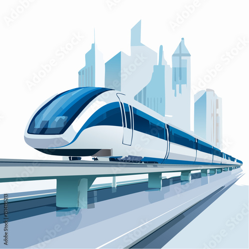 A sleek monorail on a magnetic rail above the ground, built for speed and flow.