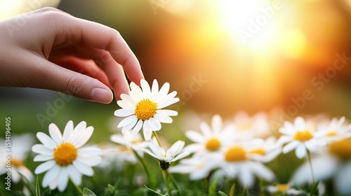 A gentle hand touches a daisy flower, bathed in warm sunlight