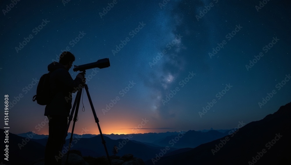 A silhouette of a person using a telescope at night to view the Milky Way, with mountains and stars in the background A silhouette of a person using a telescope at night to view the Milky Way, with mountains and stars in the background