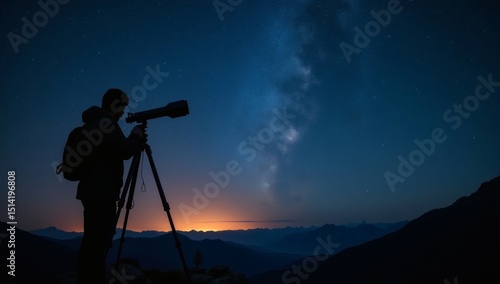 Wallpaper Mural A silhouette of a person using a telescope at night to view the Milky Way, with mountains and stars in the background Torontodigital.ca