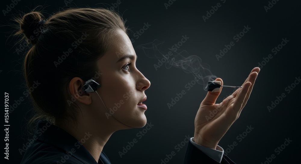Fototapeta premium Portrait Of Brunette Woman Smoking Cigarette In Studio Background