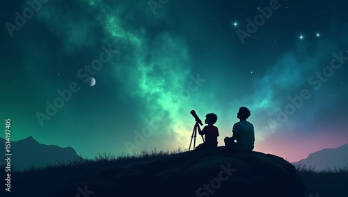 Wallpaper Mural A child and an adult stargazing with a telescope under a stunning night sky full of stars and nebulae Torontodigital.ca