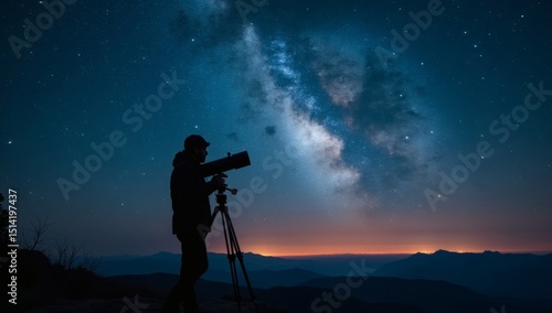 Wallpaper Mural A person stargazing with a telescope, the Milky Way shining brightly above and mountains in the distance during a beautiful night Torontodigital.ca