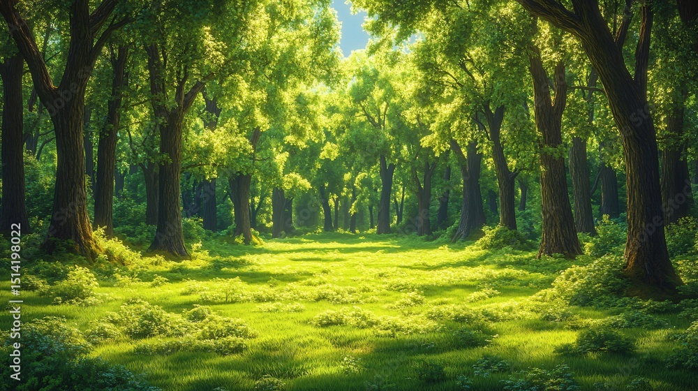 Fototapeta premium Sunny Forest Path with Lush Green Trees, and Nature.