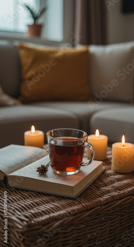 Still Life with Tea Cup Book and Burning Candles in Cozy Home