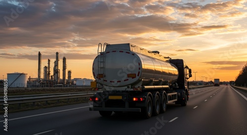 Sunset Photo of Oil Truck on the Highway with Industry Background