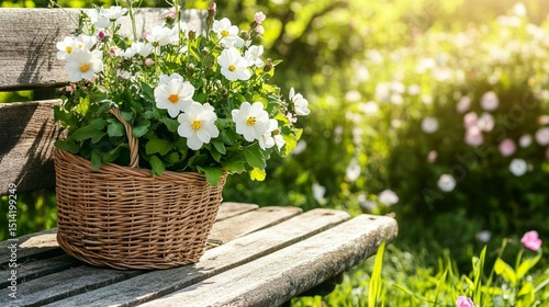 A wicker basket filled with white flowers sits on a weathered wooden park bench in a sunlit garden