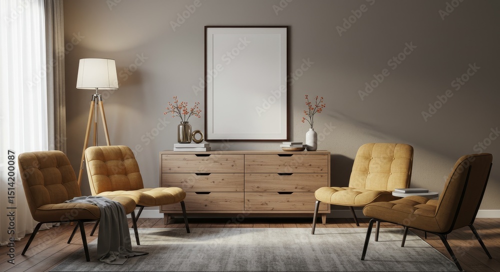 Fototapeta premium Realistic Interior Room with Yellow Chairs and Wooden Furnitures