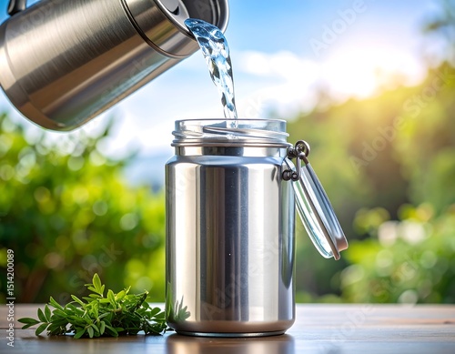 Pouring water into a stainless steel jar
