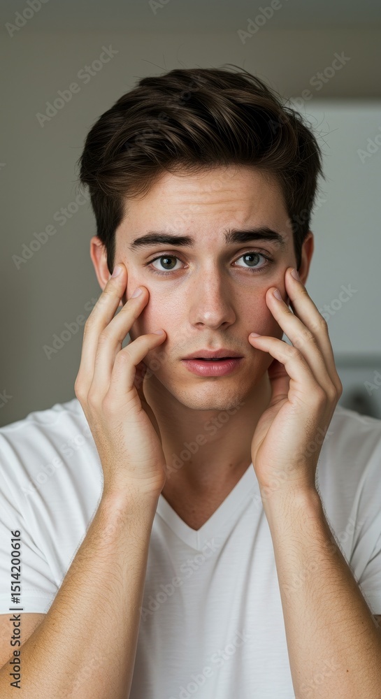 Realistic Portrait of Young Man Touching Face Against White Background Realistic Portrait of Young Man Touching Face Against White Background