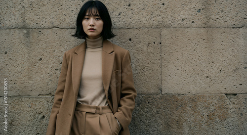 Asian Woman Fashion Beige Coat Stone Wall Street Style Portrait Chic