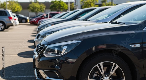 Row Of Cars Parked In A Parking Lot On Sunny Day