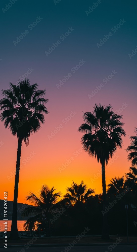 Obraz premium Silhouette of Palm Trees at Vibrant Sunset Tropical Scene