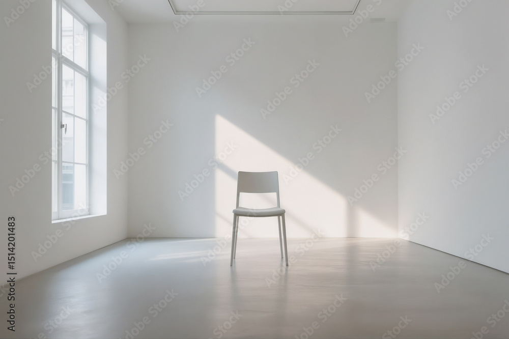 Fototapeta premium Minimalist White Room Chair Sunlight Shadow Solitude Modern Art Gallery Clean